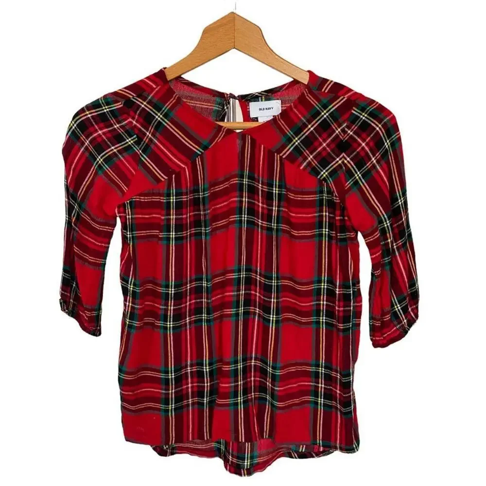 Girls M 8 Old Navy Red Plaid Christmas Holiday Swing High Low Shirt Twins